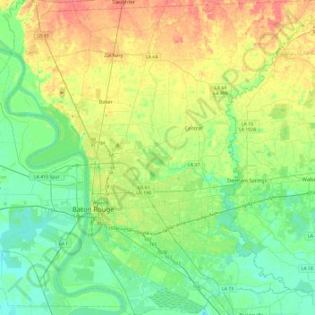 Mapa topográfico Parroquia de Baton Rouge Este, altitud, relieve
