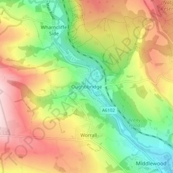 Mapa topográfico Oughtibridge, altitud, relieve