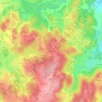 Mapa topográfico Les Essards, altitud, relieve