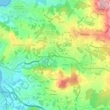 Mapa topográfico O Carballo, altitud, relieve