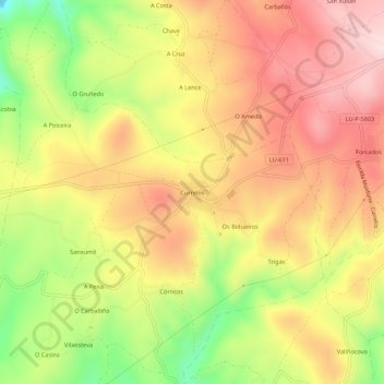 Mapa topográfico Currelos, altitud, relieve