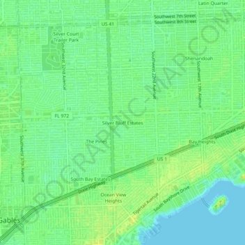 Mapa topográfico Silver Bluff Estates, altitud, relieve