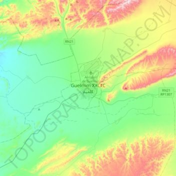 Mapa topográfico Guelmim, altitud, relieve