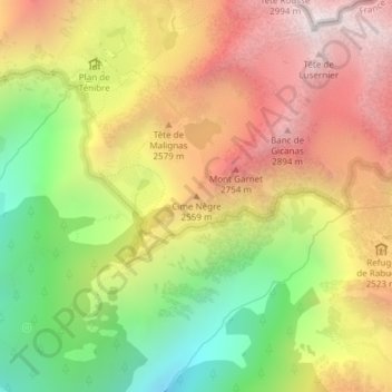 Mapa topográfico Cime Nègre, altitud, relieve