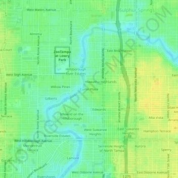 Mapa topográfico Curlin Place, altitud, relieve