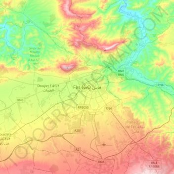Mapa topográfico Fez, altitud, relieve