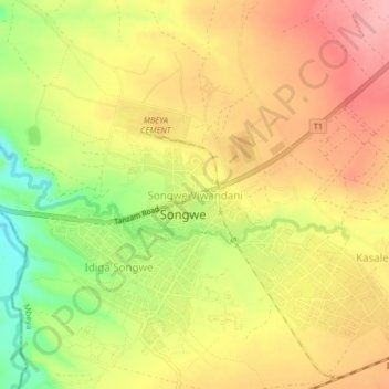Mapa topográfico Songwe Viwandani, altitud, relieve