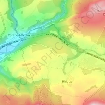 Mapa topográfico Cefn Rhigos, altitud, relieve