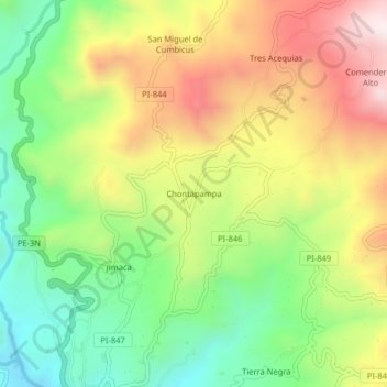 Mapa topográfico Chontapampa, altitud, relieve