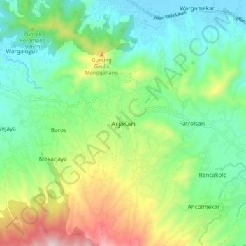 Mapa topográfico Arjasari, altitud, relieve