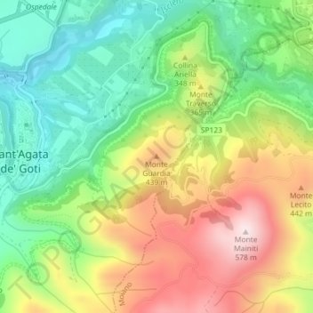 Mapa topográfico Monte Guardia, altitud, relieve