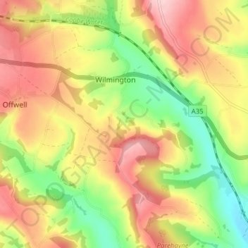 Mapa topográfico Widworthy, altitud, relieve