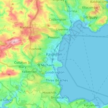 Mapa topográfico Paignton, altitud, relieve