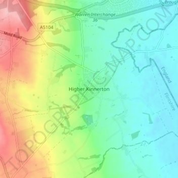 Mapa topográfico Higher Kinnerton, altitud, relieve