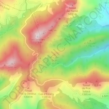 Mapa topográfico Roc del Quer, altitud, relieve