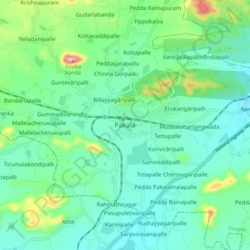 Mapa topográfico Pakala, altitud, relieve