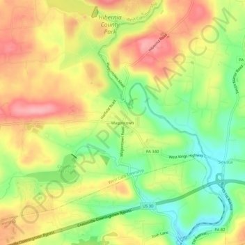 Mapa topográfico Wagontown, altitud, relieve