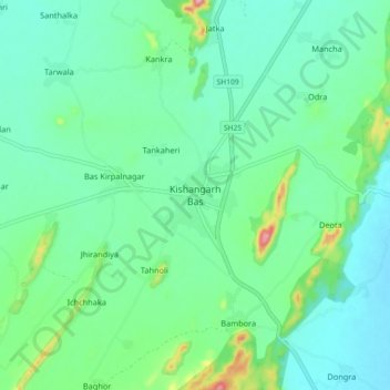 Mapa topográfico Kishangarh Bas, altitud, relieve