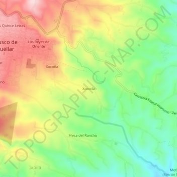 Mapa topográfico Xocotla, altitud, relieve