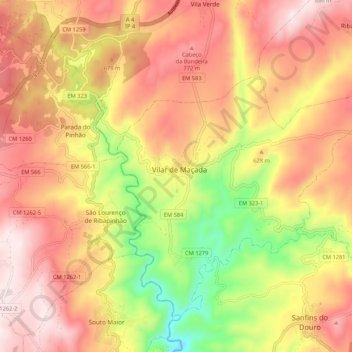 Mapa topográfico Vilar de Maçada, altitud, relieve