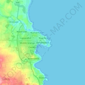 Mapa topográfico Peterhead, altitud, relieve