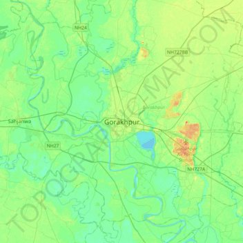 Mapa topográfico Gorakhpur, altitud, relieve