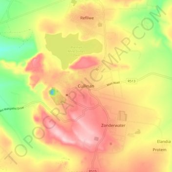 Mapa topográfico Cullinan, altitud, relieve