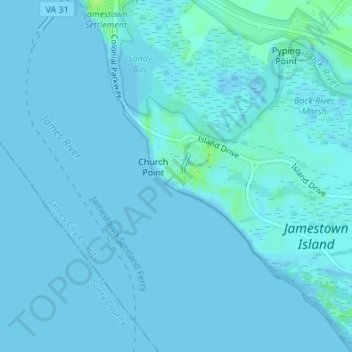 Mapa topográfico Jamestown, altitud, relieve