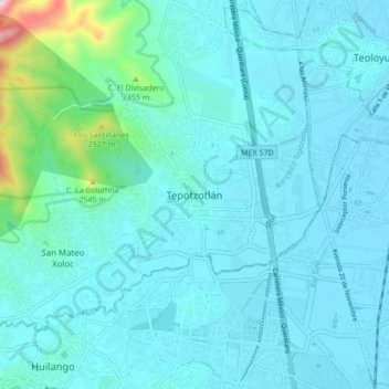 Mapa topográfico Tepotzotlán, altitud, relieve