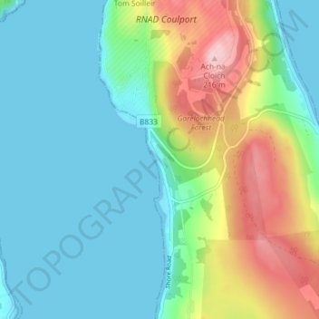 Mapa topográfico Coulport, altitud, relieve