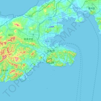 Mapa topográfico Dalian, altitud, relieve