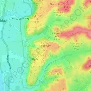 Mapa topográfico Frogham, altitud, relieve