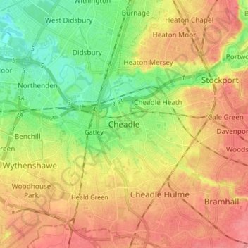 Mapa topográfico Cheadle, altitud, relieve