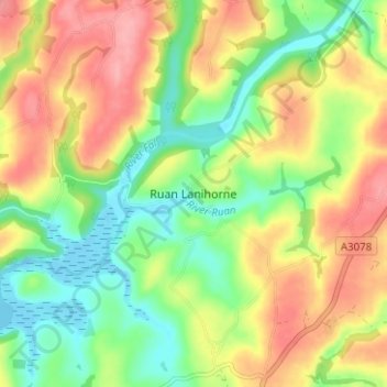 Mapa topográfico Ruan Lanihorne, altitud, relieve
