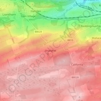 Mapa topográfico Shieldhill, altitud, relieve