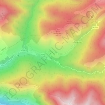 Mapa topográfico Le Pujal, altitud, relieve