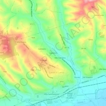 Mapa topográfico Valentino, altitud, relieve