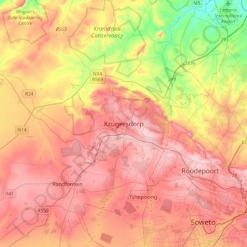 Mapa topográfico Krugersdorp, altitud, relieve