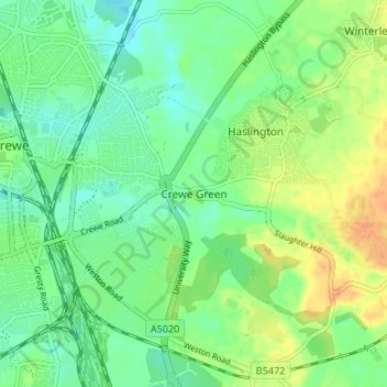 Mapa topográfico Crewe Green, altitud, relieve