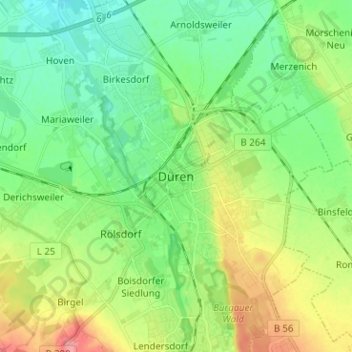 Mapa topográfico Duren, altitud, relieve