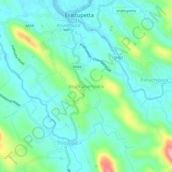 Mapa topográfico Veyilkanampara, altitud, relieve
