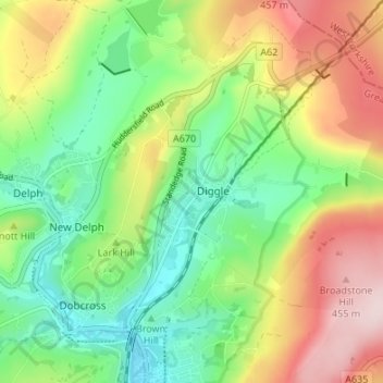 Mapa topográfico Harrop Dale, altitud, relieve