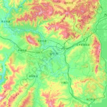 Mapa topográfico Kunming, altitud, relieve