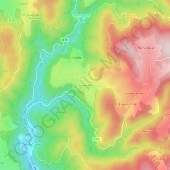 Mapa topográfico Moissac-Bas, altitud, relieve