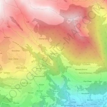 Mapa topográfico Verrogne, altitud, relieve