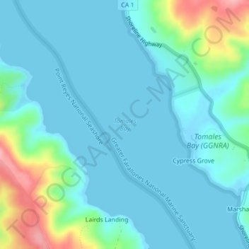 Mapa topográfico Tomales Bay, altitud, relieve