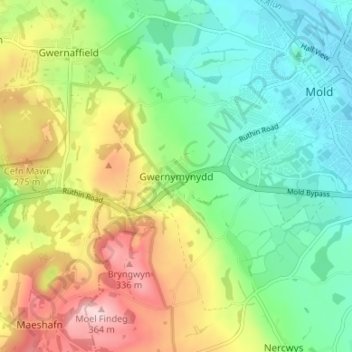 Mapa topográfico Gwernymynydd, altitud, relieve