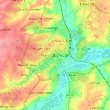 Mapa topográfico Wellingborough, altitud, relieve