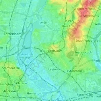 Mapa topográfico Walthamstow, altitud, relieve