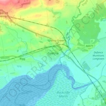 Mapa topográfico Gretna, altitud, relieve